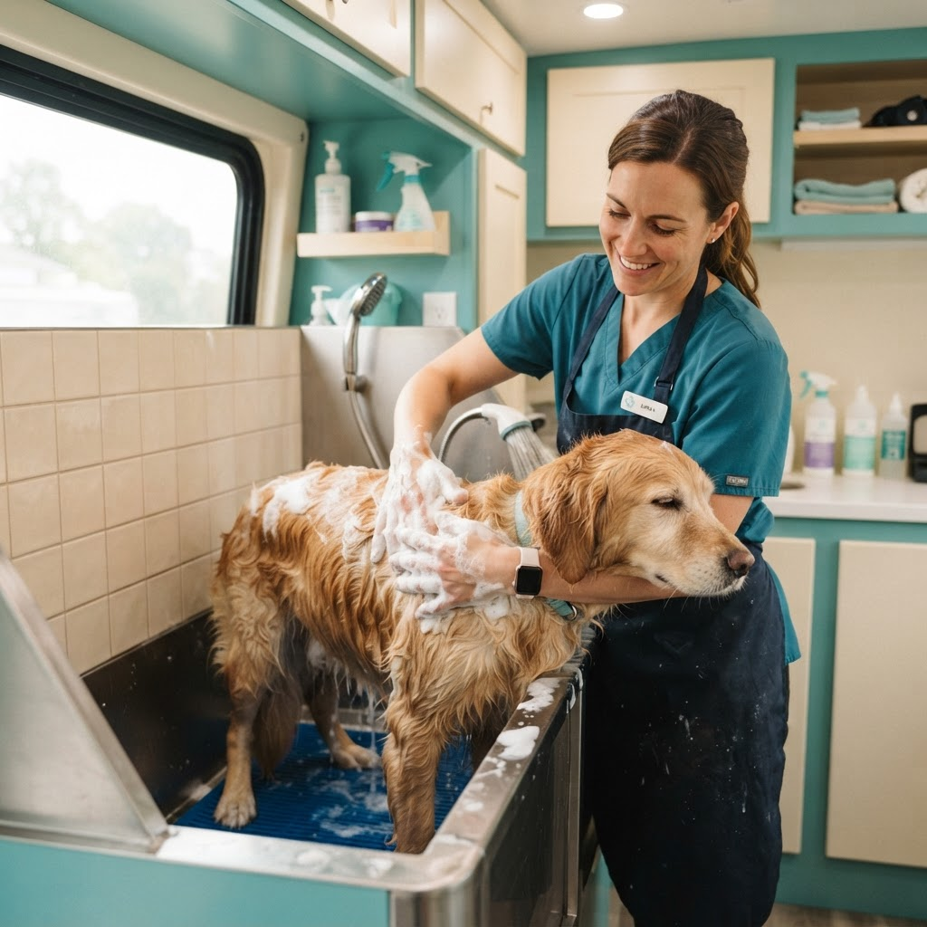 Mobile dog grooming setup groomed in Hemet
